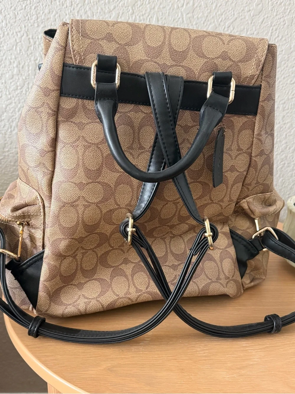 Coach Monogram Canvas Backpack in Tan with Black Trim